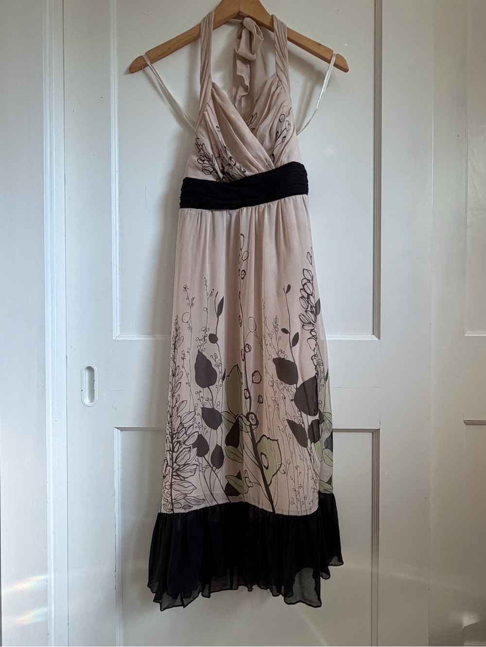 BCBGMaxAzria Blush Halter Maxi Dress with Black Waistband and Hem